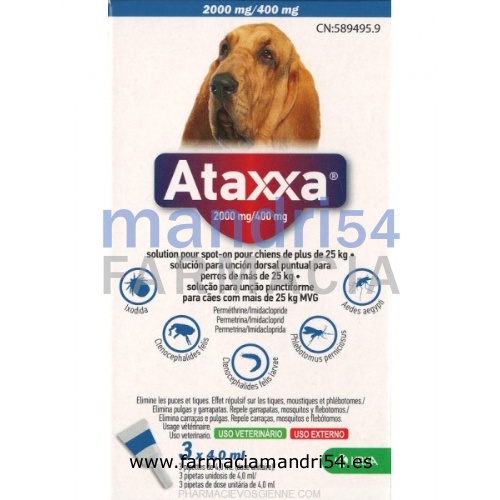 ATAXXA 2000 mg/400 mg SOLUCION PARA UNCION DORSAL PUNTUAL PARA PERROS DE MAS DE 25 kg