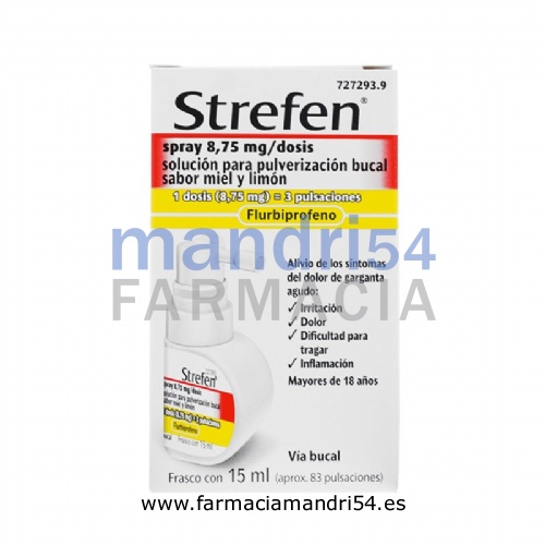 STREFEN SPRAY 8,75 MG/DOSIS SOLUCION PARA PULVERIZACION BUCAL SABOR MIEL Y LIMON 1 frasco de 15 ml